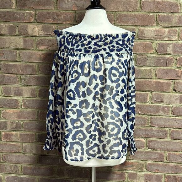 Racheal Blue Sheer Leopard Long Sleeve Blouse Size Large NEW - Picture 2 of 6